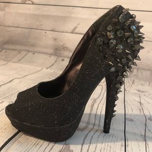 Shiekh Spiked Black Glitter Heels